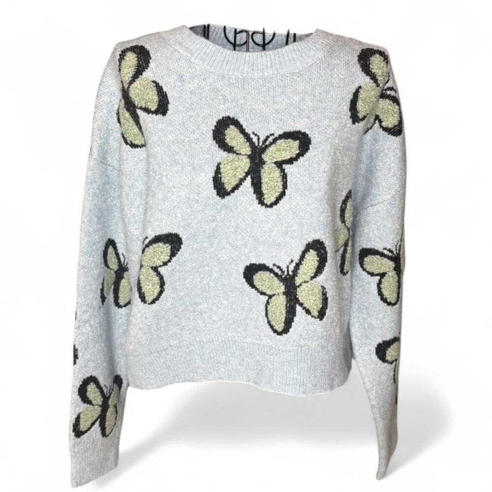 Luna Ivy Pastel Blue Butterfly Knit Cropped Sweater Size Medium NWT